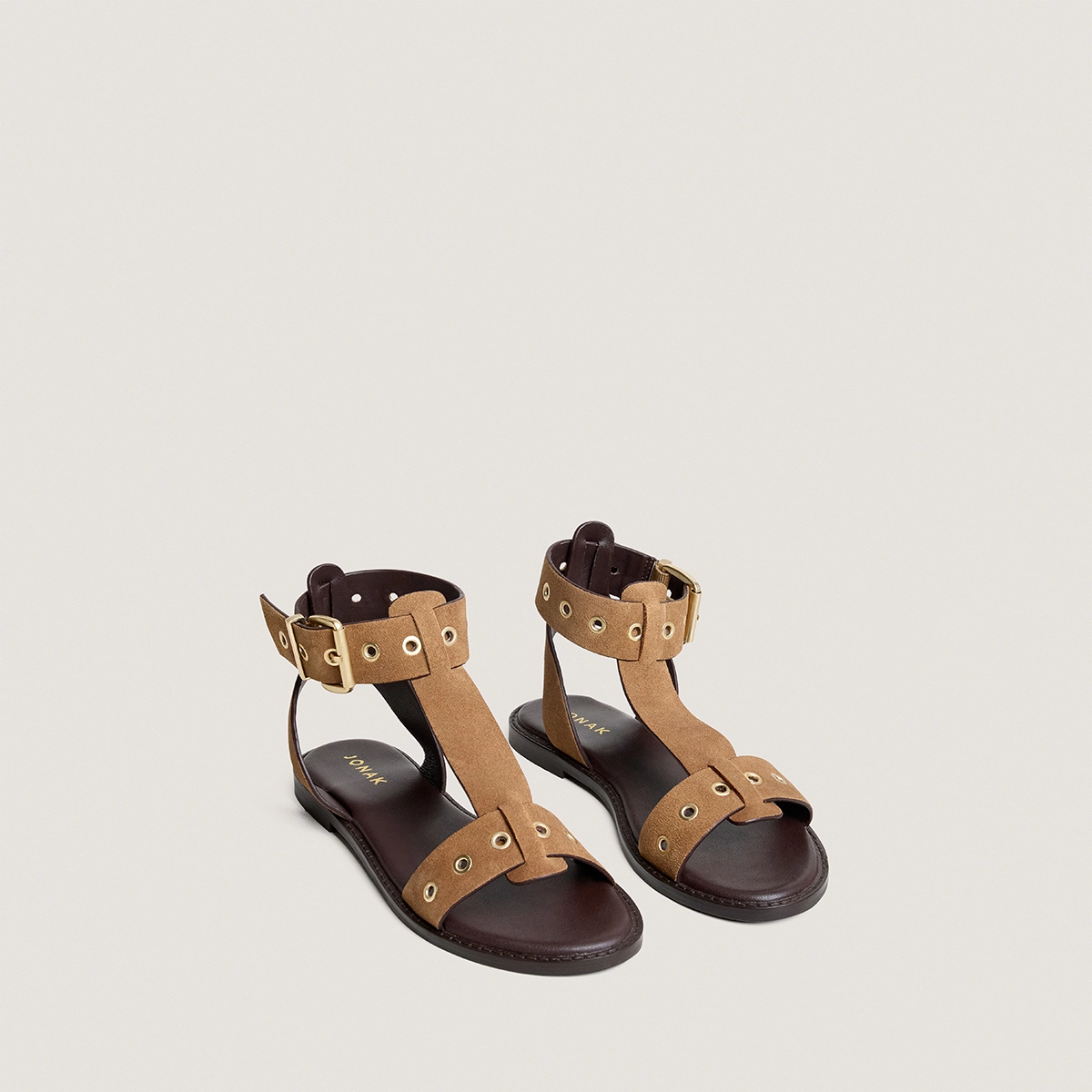 Structured ankle-strap sandals in taupe split leather | WIZZ