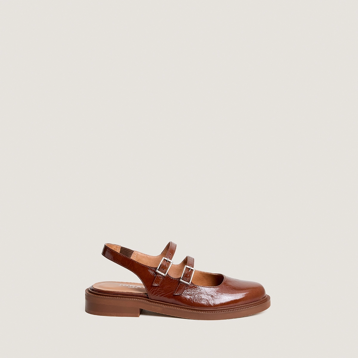 Double-strap slingback ballet flats in almond brown shiny leather | DREAMER