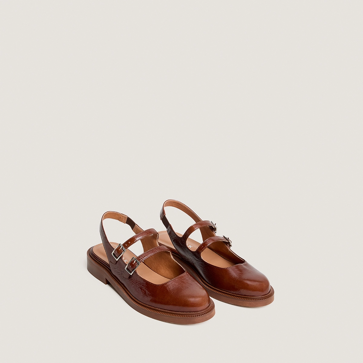Double-strap slingback ballet flats in almond brown shiny leather | DREAMER