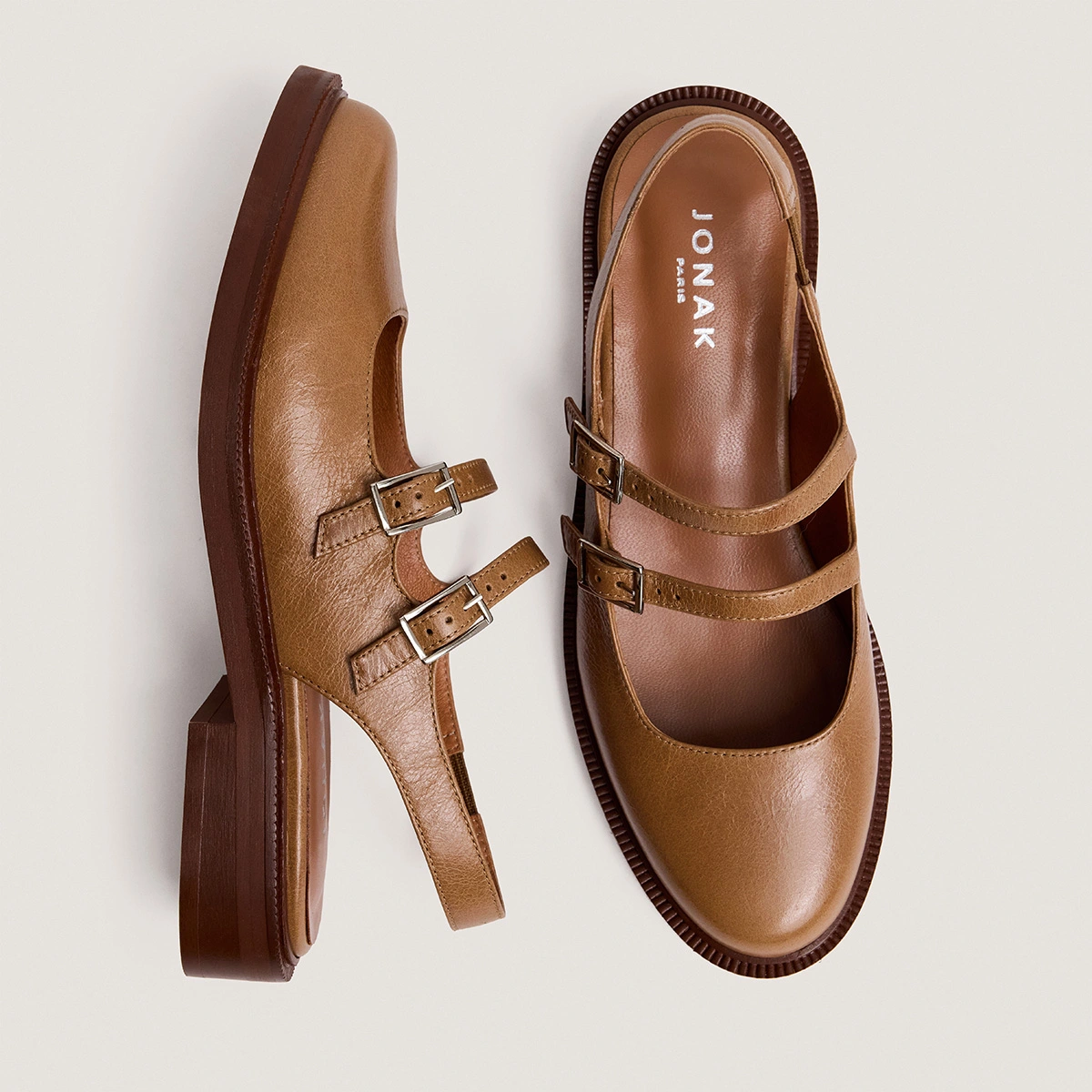 Double-strap slingback ballet flats in beige aged leather | DREAMER