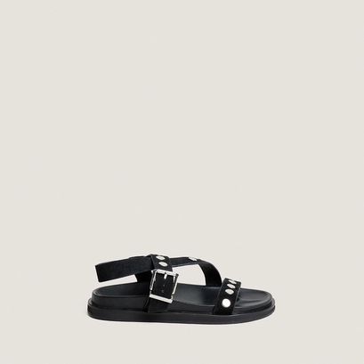 Wide-strap sandals with studs in black split leather | wizard