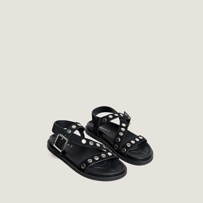 Wide-strap sandals with studs in black split leather | wizard