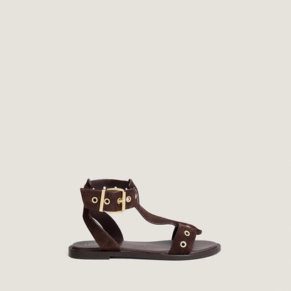 Structured ankle-strap sandals in dark brown split leather | wizz
