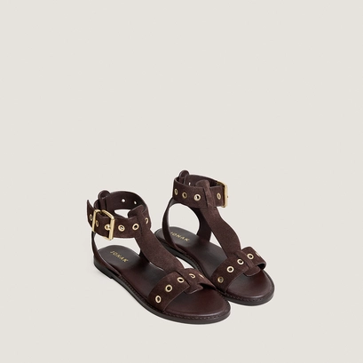 Structured ankle-strap sandals in dark brown split leather | wizz