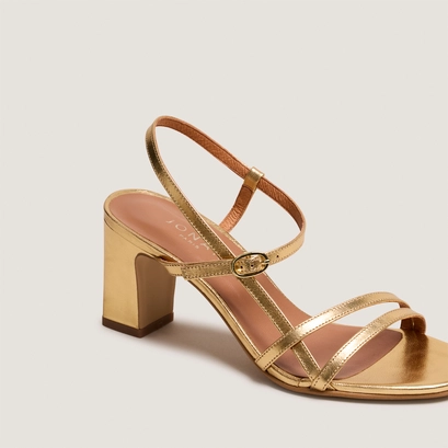 Strappy heeled sandals in gold metallic leather | vicomte