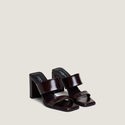 Heeled mules with double straps in dark brown leather | BRITNEY