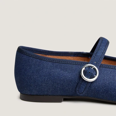 Ballet flats with adjustable straps and buckles in dark blue denim | deesse