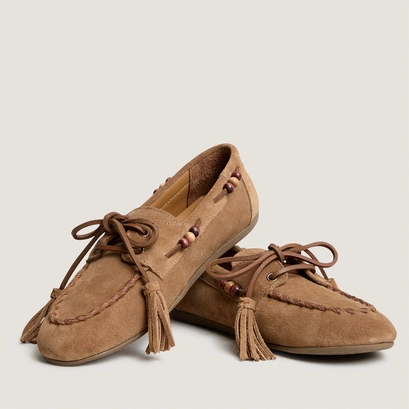 Soft loafers with beaded details in taupe split leather | LEONIE