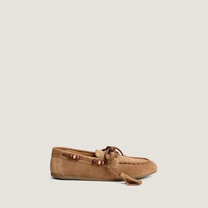 Soft loafers with beaded details in taupe split leather | LEONIE