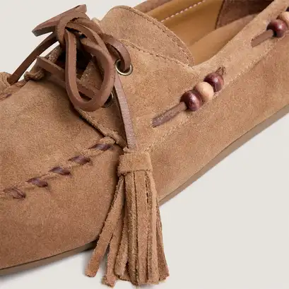 Soft loafers with beaded details in taupe split leather | LEONIE