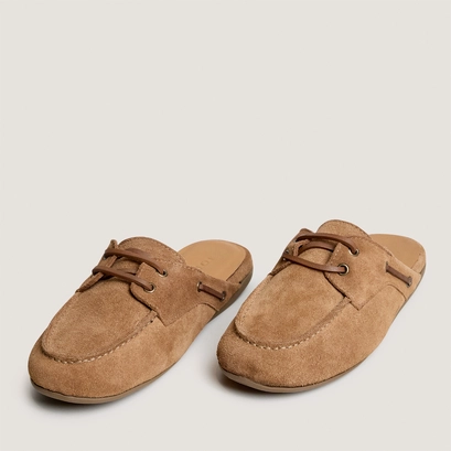 Soft backless loafers in taupe split leather | lilou