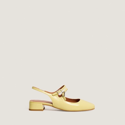 Round-toe mary janes in pale yellow pleated patent leather | doble