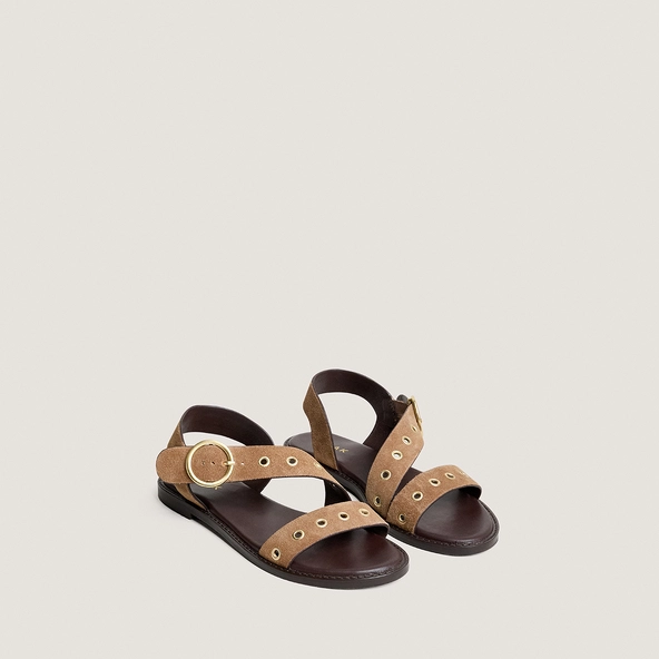 Wide-strap sandals in taupe split leather | WOUF