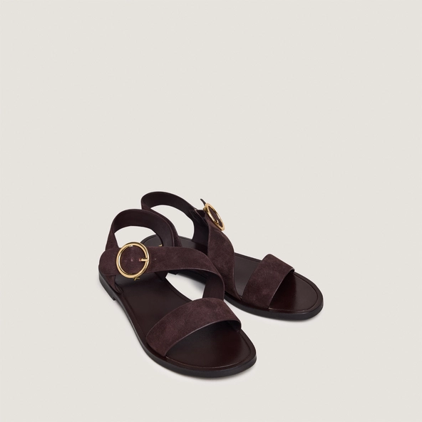 Wide-strap sandals with adjustable buckles in dark brown suede | WELBI