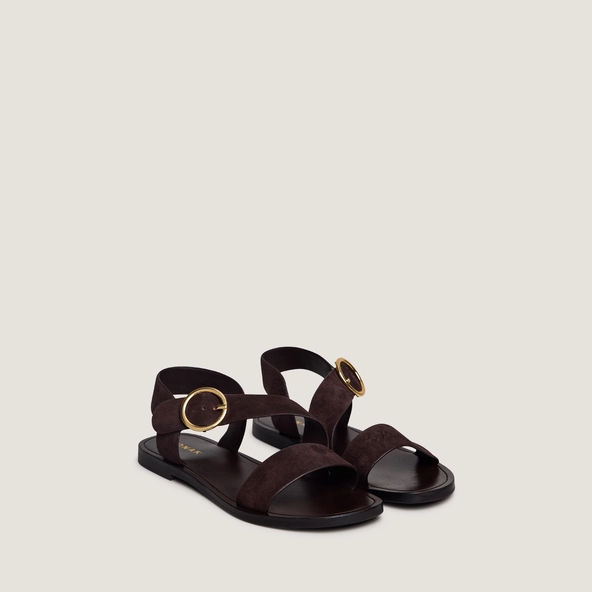 Wide-strap sandals with adjustable buckles in dark brown suede | WELBI