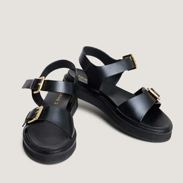Double-strap sandals in black leather | WAF