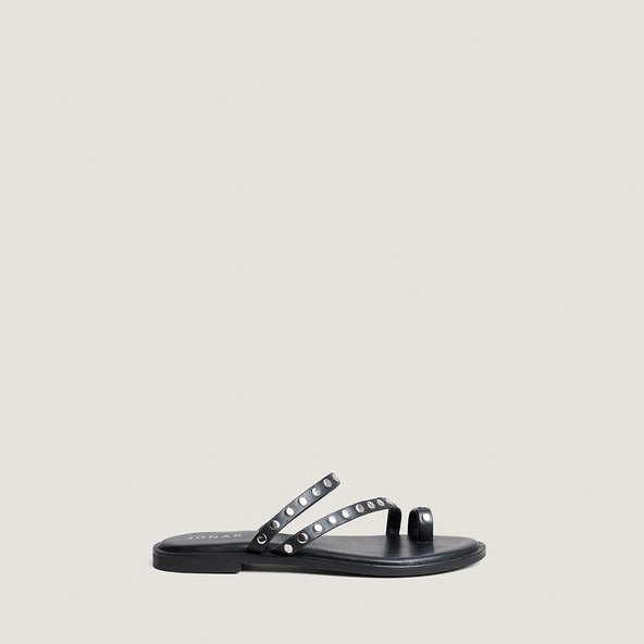 Flat sandals with thin straps in black leather | WICKET