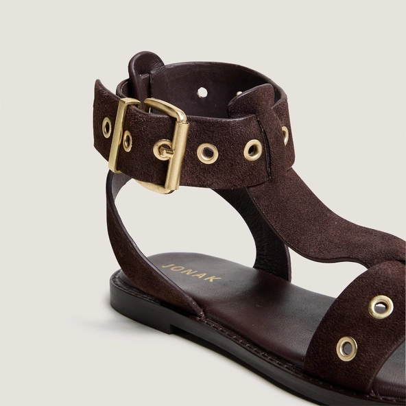 Structured ankle-strap sandals in dark brown split leather | WIZZ