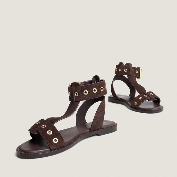 Structured ankle-strap sandals in dark brown split leather | WIZZ