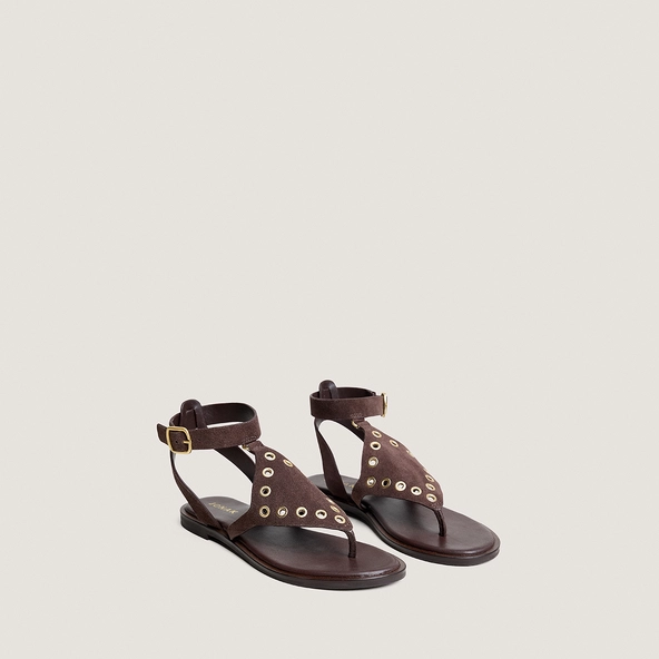 Structured toe-post sandals in dark brown split leather | WOOPS