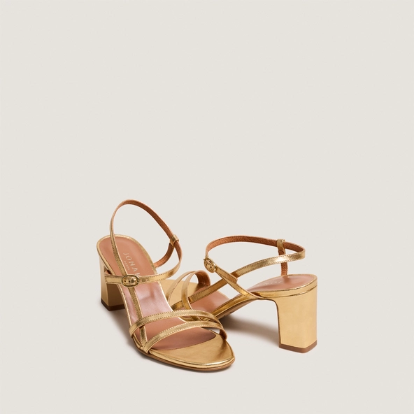Strappy heeled sandals in gold metallic leather | VICOMTE