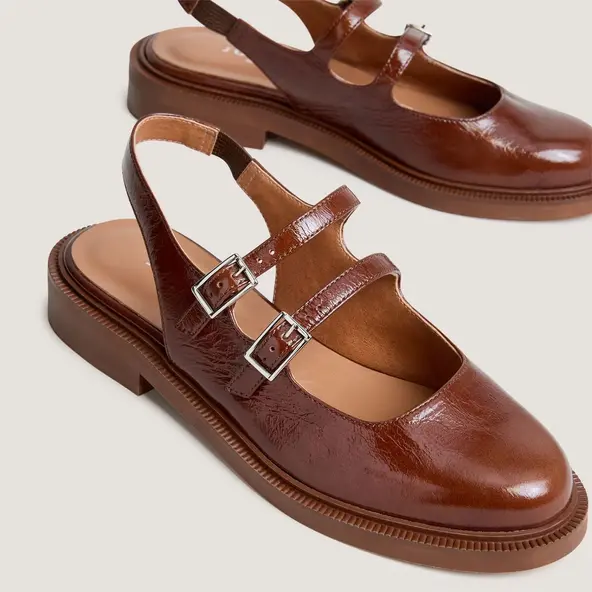 Double-strap slingback ballet flats in almond brown shiny leather | DREAMER