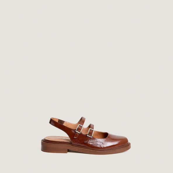 Double-strap slingback ballet flats in almond brown shiny leather | DREAMER