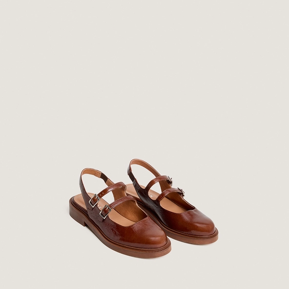 Double-strap slingback ballet flats in almond brown shiny leather | DREAMER