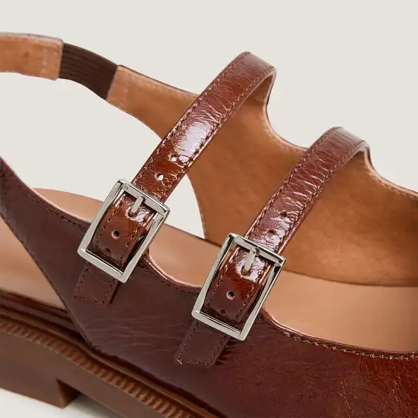 Double-strap slingback ballet flats in almond brown shiny leather | DREAMER