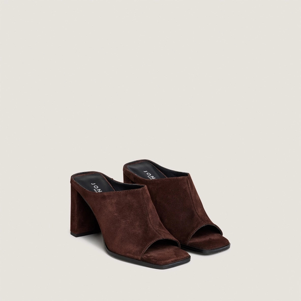Heeled mules in chocolate split leather | BLAIR
