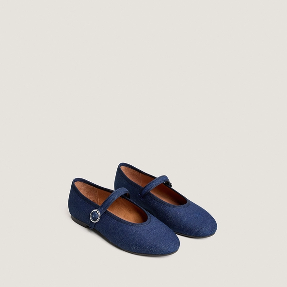 Ballet flats with adjustable straps and buckles in dark blue denim | DEESSE