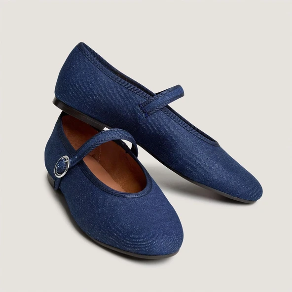 Ballet flats with adjustable straps and buckles in dark blue denim | DEESSE