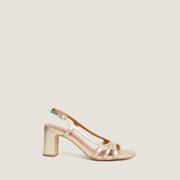 Heeled sandals in platinum metallic textile | VAIANA
