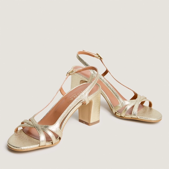 Heeled sandals in platinum metallic textile | VAIANA