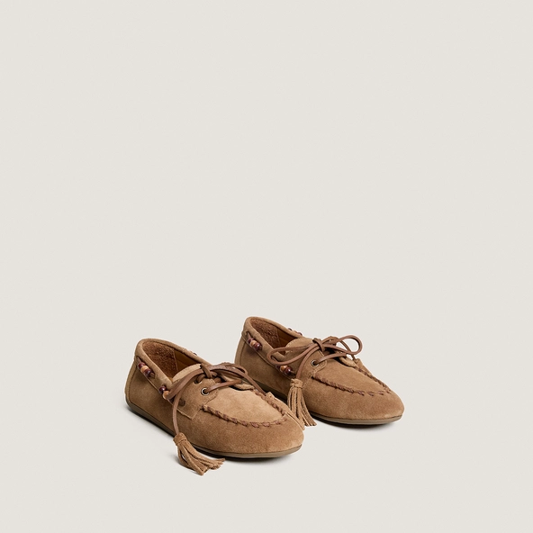 Soft loafers with beaded details in taupe split leather | LEONIE
