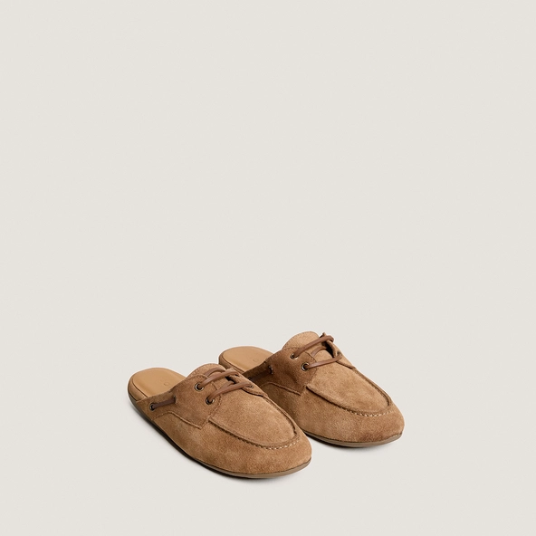 Soft backless loafers in taupe split leather | LILOU