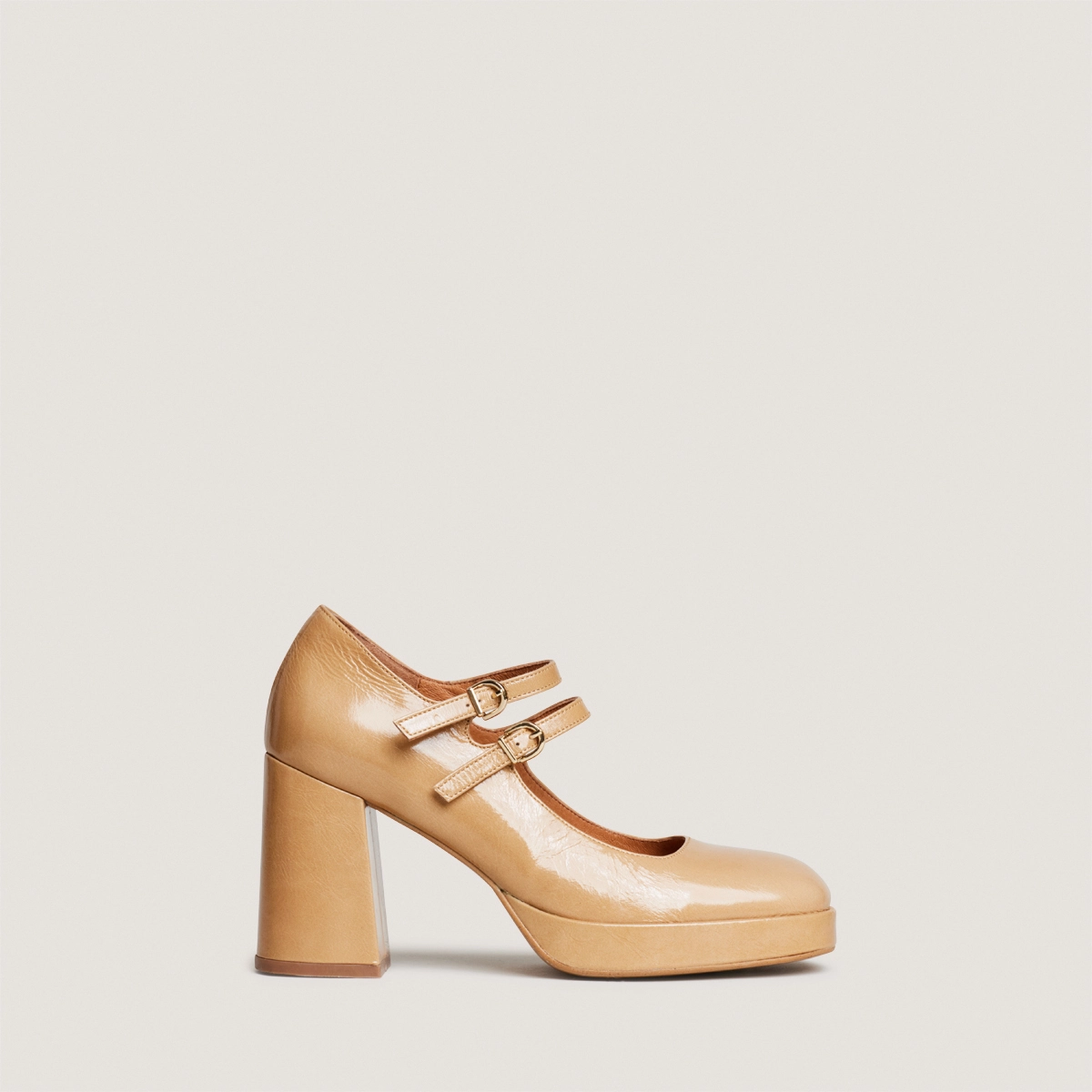 Double-strap platform Mary Janes in latte glossy leather | VERITE