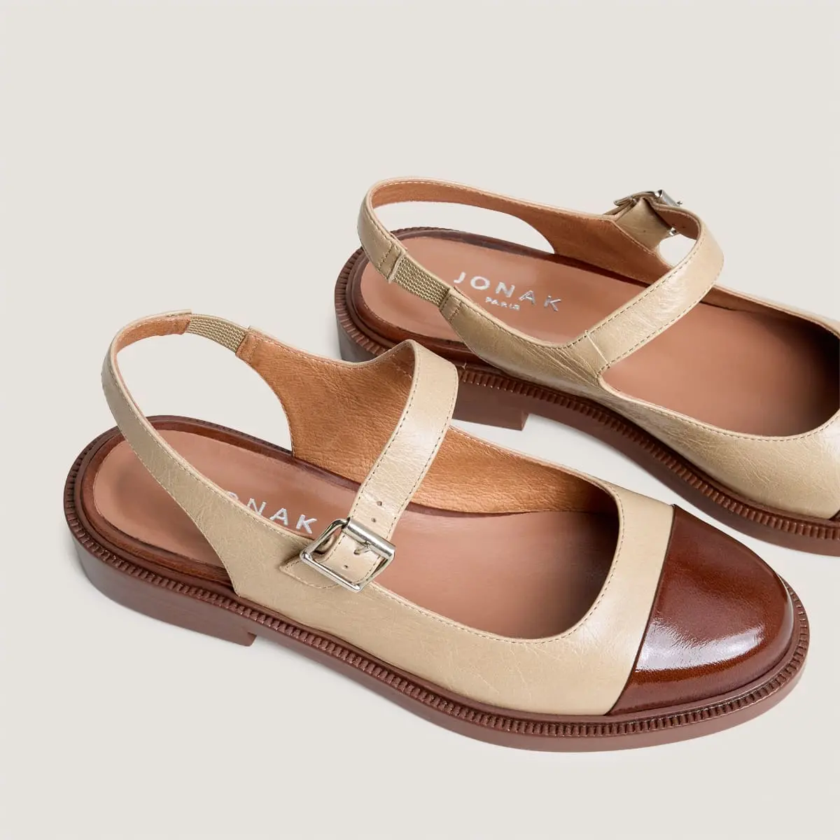 Slingback ballet flats in almond brown shiny leather and greige aged leather | DANKE