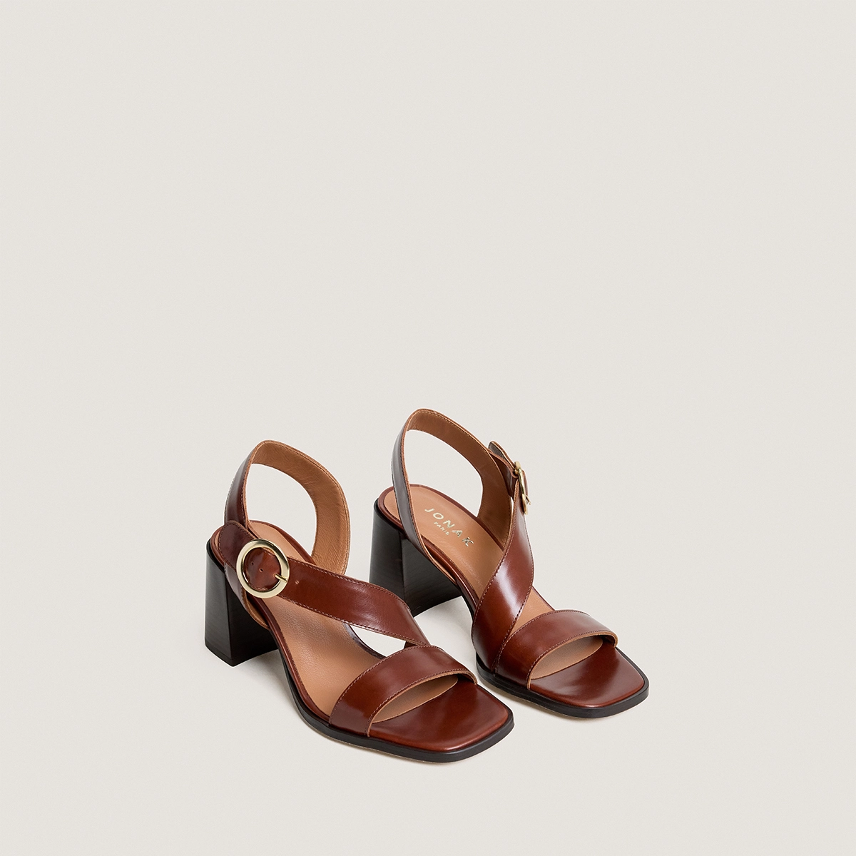 High laminated-heel sandals with wide straps in brown leather | VANELIE