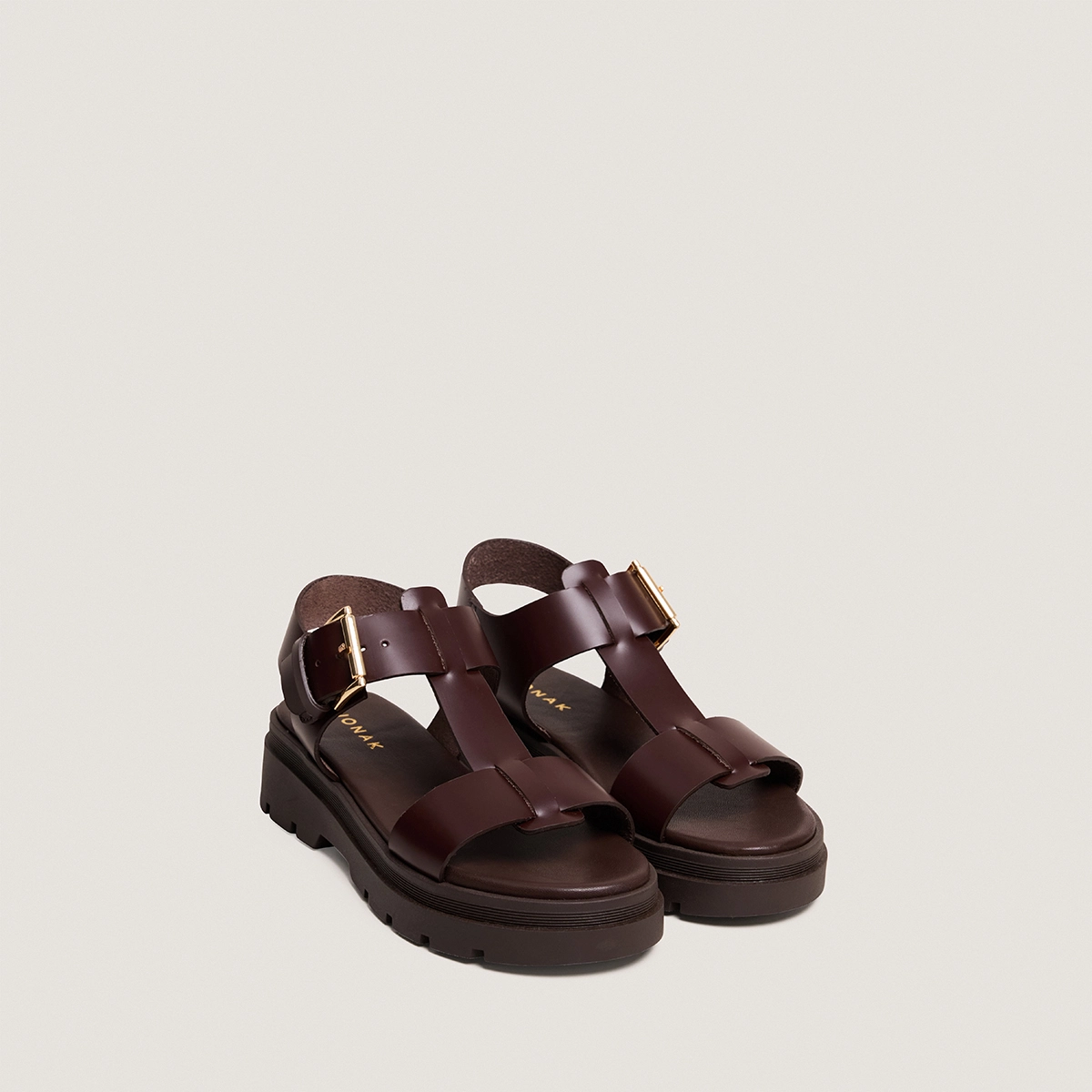 Platform sandals with wide straps in brown leather | LISBONNE