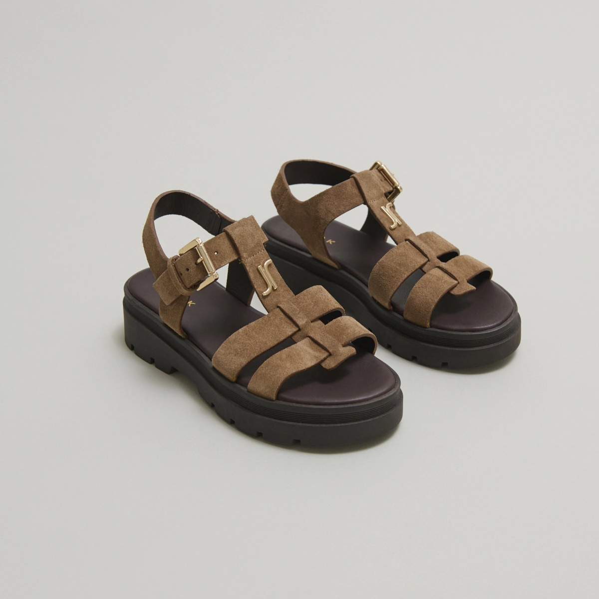 Platform sandals with monogram in taupe split leather | LIVERPOOL