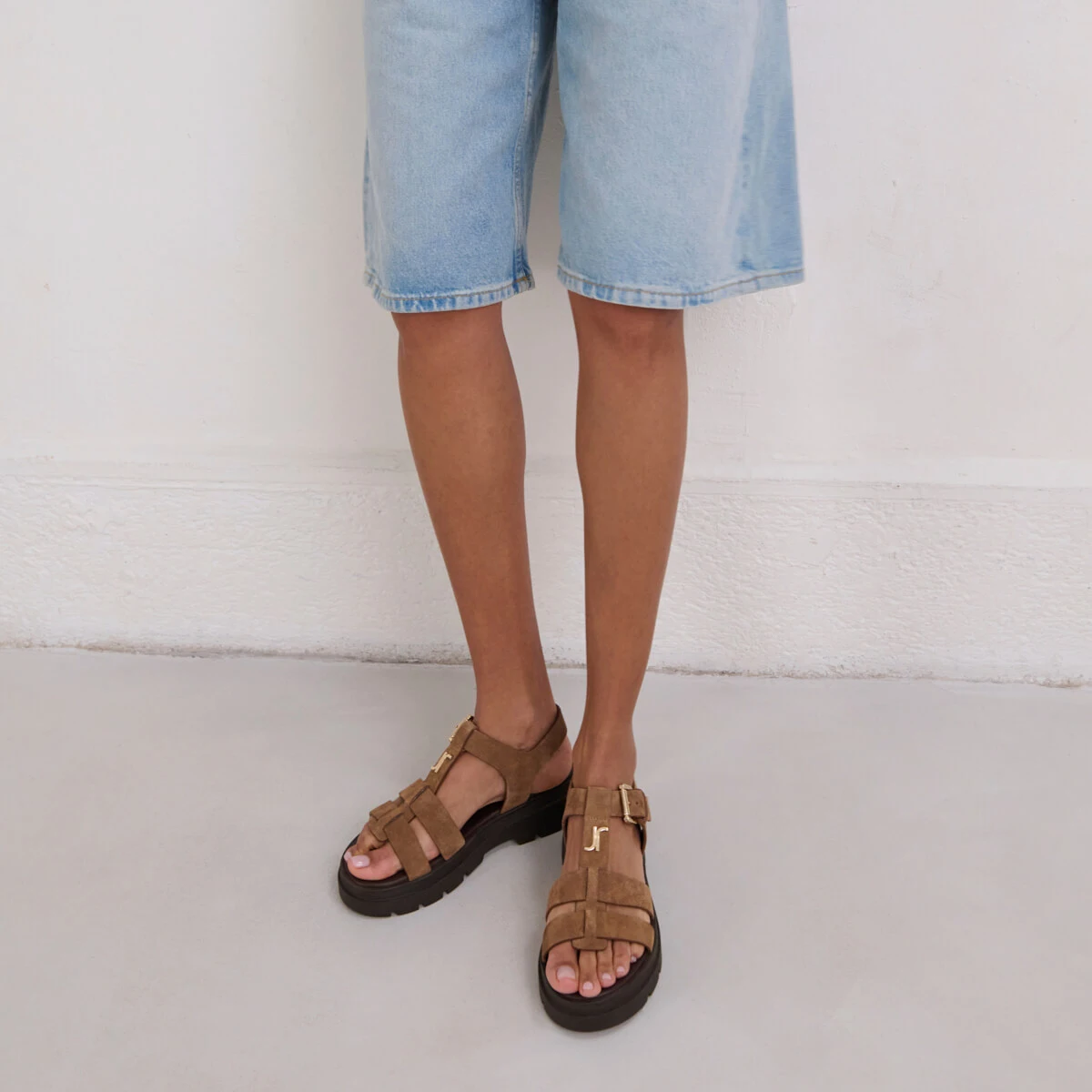 Platform sandals with monogram in taupe split leather | LIVERPOOL