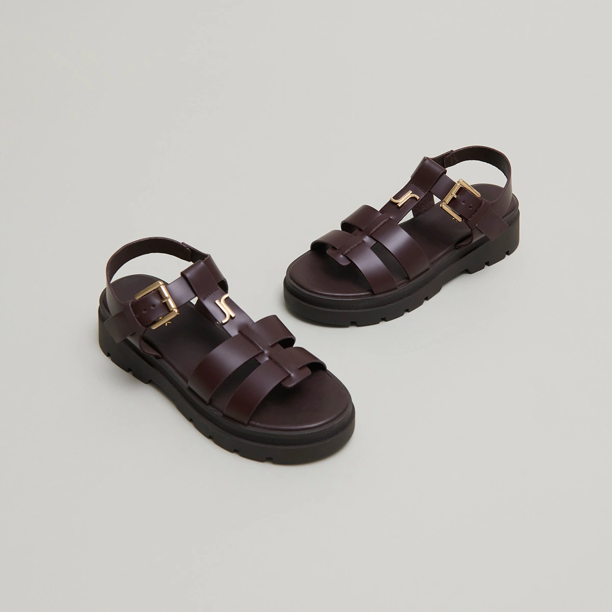 Platform sandals with monogram in brown leather | LIVERPOOL