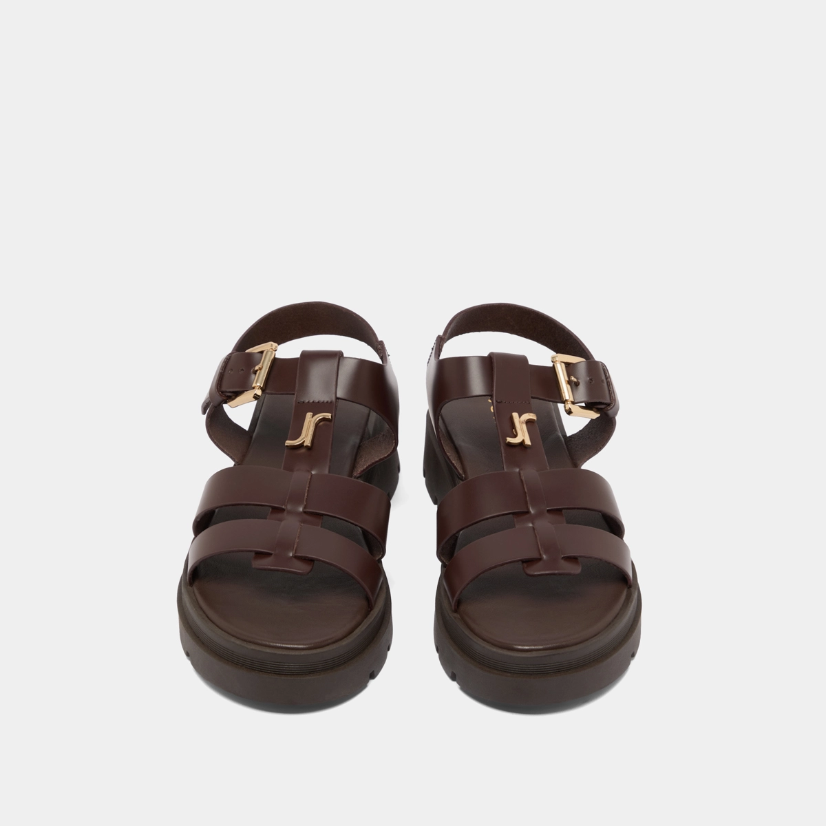 Platform sandals with monogram in brown leather | LIVERPOOL