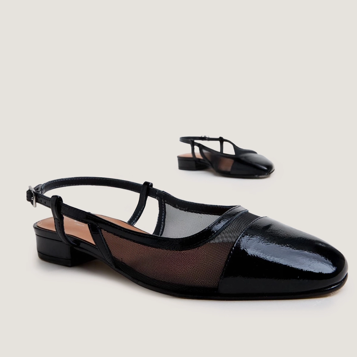 Slingback ballet flats in black pleated patent leather and black mesh | DRAGUS
