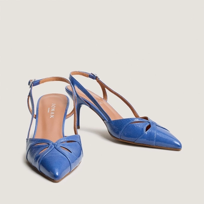 Pointed-toe slingback pumps in steel blue pleated patent leather | damour
