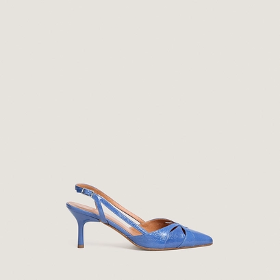 Pointed-toe slingback pumps in steel blue pleated patent leather | damour