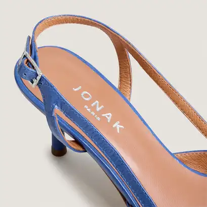 Pointed-toe slingback pumps in steel blue pleated patent leather | damour