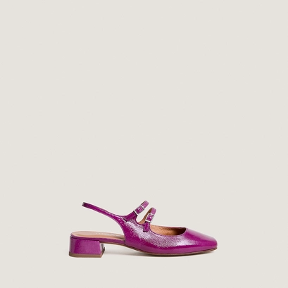 Round-toe mary janes in purple pleated patent leather | doble