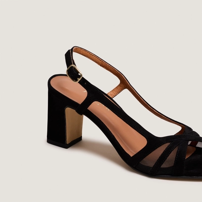 Heeled sandals in black suede and black mesh | vahine